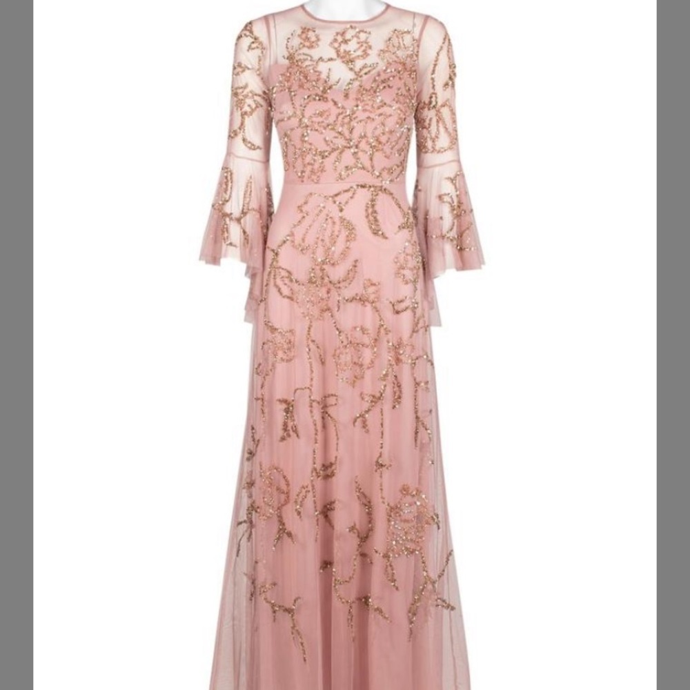 Aidan Mattox beaded gold 3/4 ruffle bell sleeve long gown - Picture 13 of 16